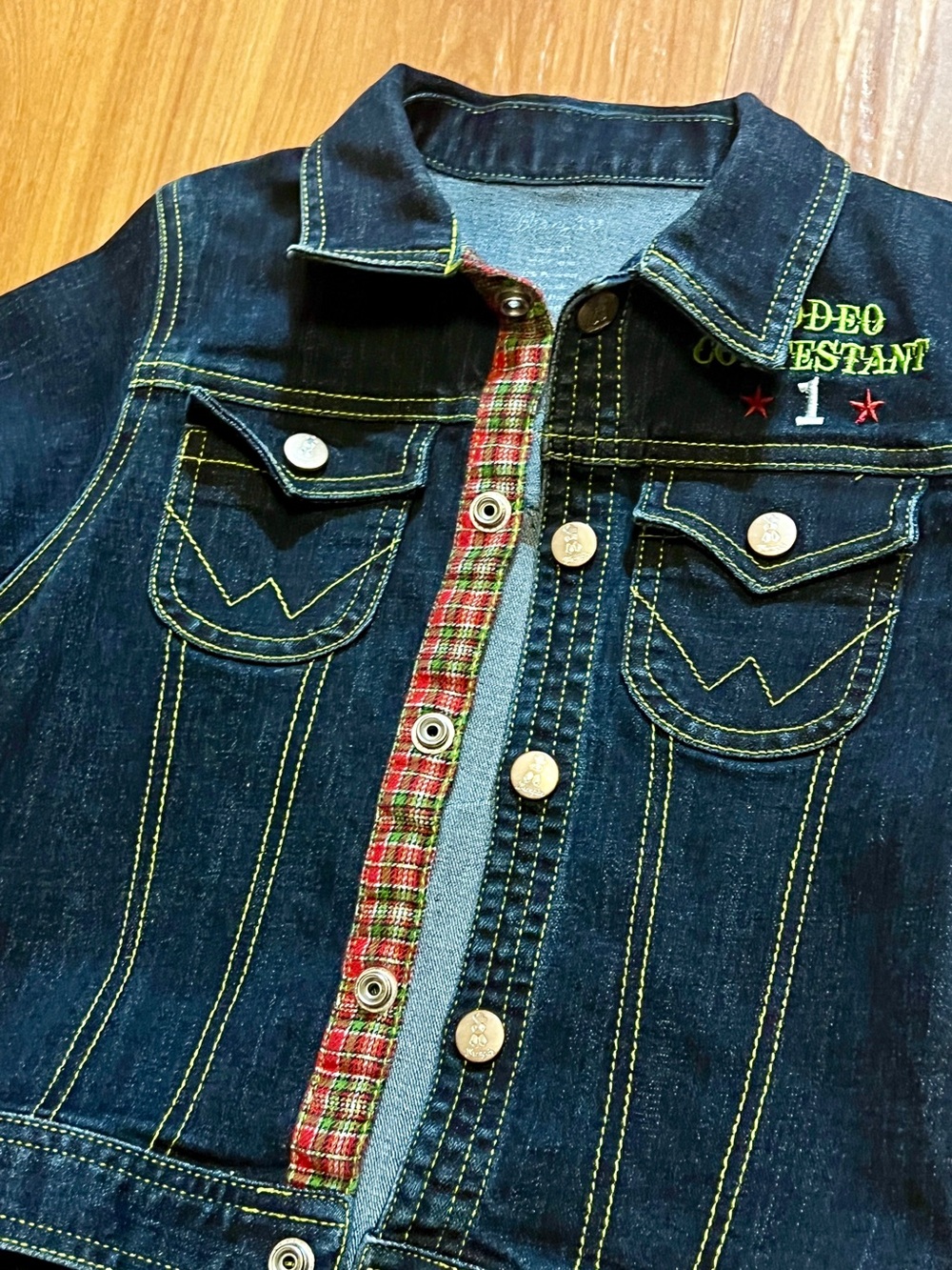 Kids Custom Wrangler Rodeo Contestant Dark Blue Denim Jacket with Plaid Trim